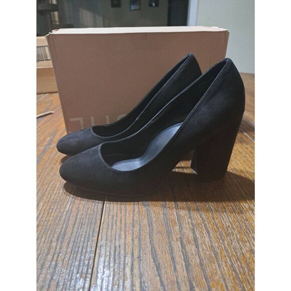 New 7.5 JustFab Black Daphne-E Round Toe Chunky Block High Heel Dress Shoes - Picture 4 of 9